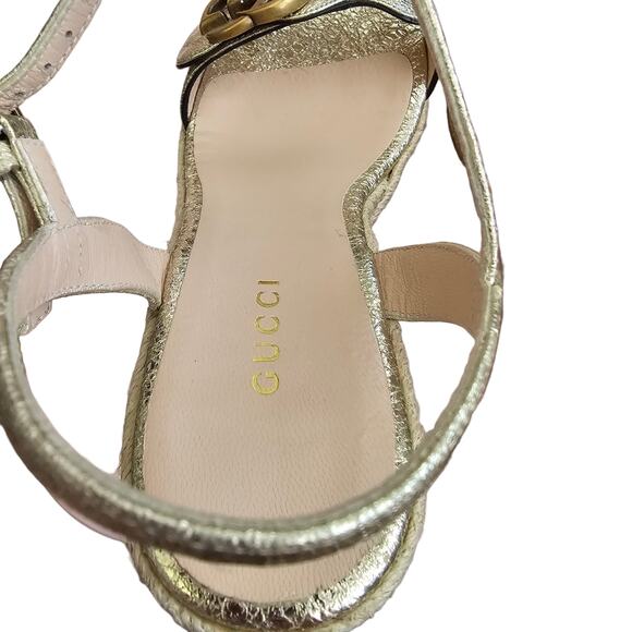 Gucci GG Aitana Marmont Espadrille Wedge Sandal Gold Leather Size 36.5 US 6.5 - Picture 8 of 11